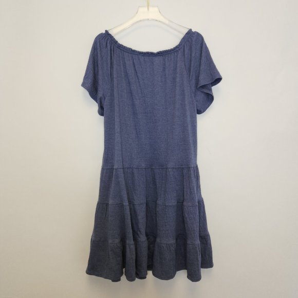 Max Studio Tiered Sun Dress Large Blue Scoop Neck Flutter Short Sleeve Stretch - Picture 4 of 8